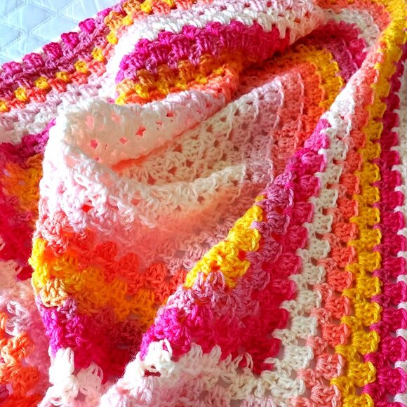 Crochet BABY BLANKET AFGHAN GRANNY SQUARE 29"x 29" PINK YELLOW ORANGE WHITE - Picture 1 of 11